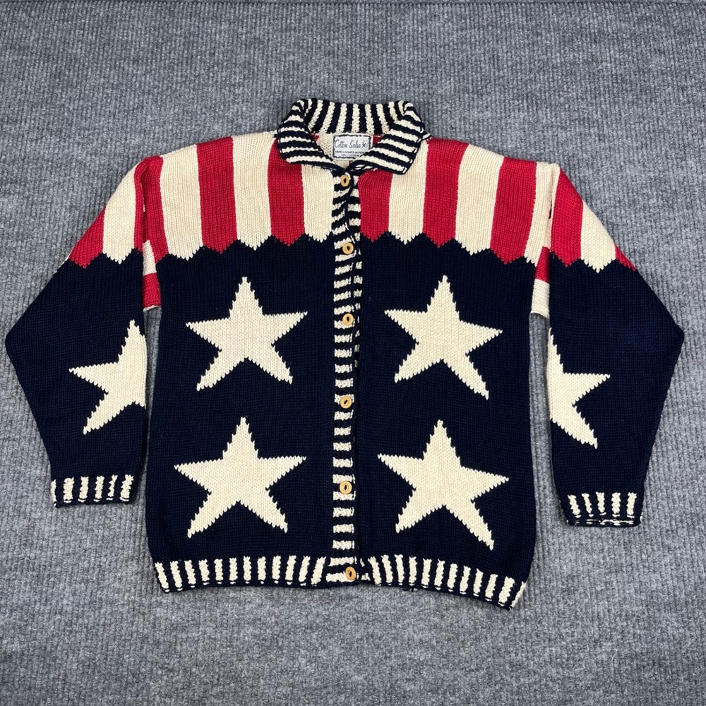 Vtg Cotton Salsa Cardigan Sweater Womens L Stars Stripes Patriotic Peru Chunky